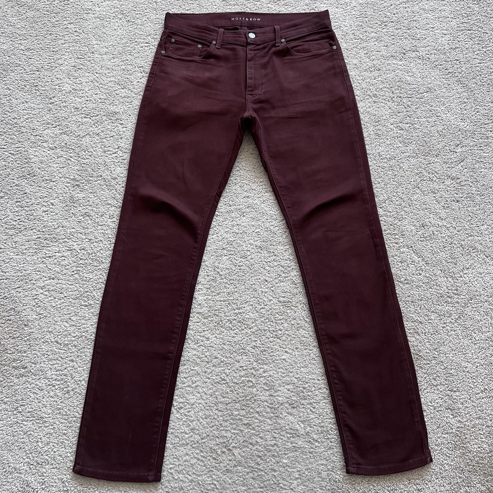 Mott & Bow Jeans Mens 31x32 Burgundy Red Slim Fit Straight Leg Stretch Denim